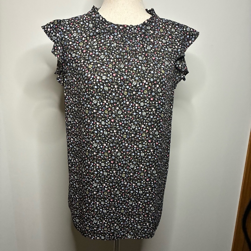 LOFT Black Floral Ruffle Sleeve Blouse Size Large